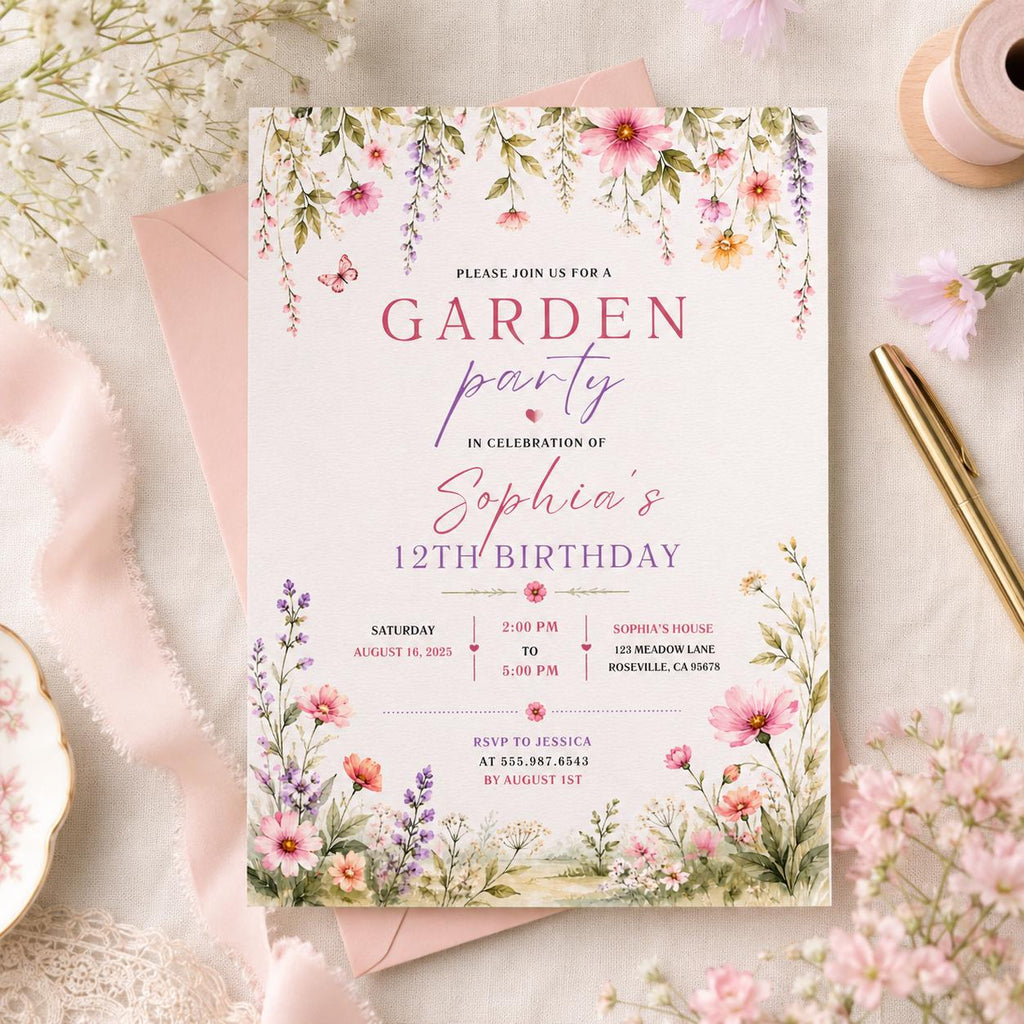 Editable Garden Birthday Invitation Canva Template, Floral Girls Cute Fun DIY Sweet Chic Kids Teen Party Invite, Printable Digital Download.