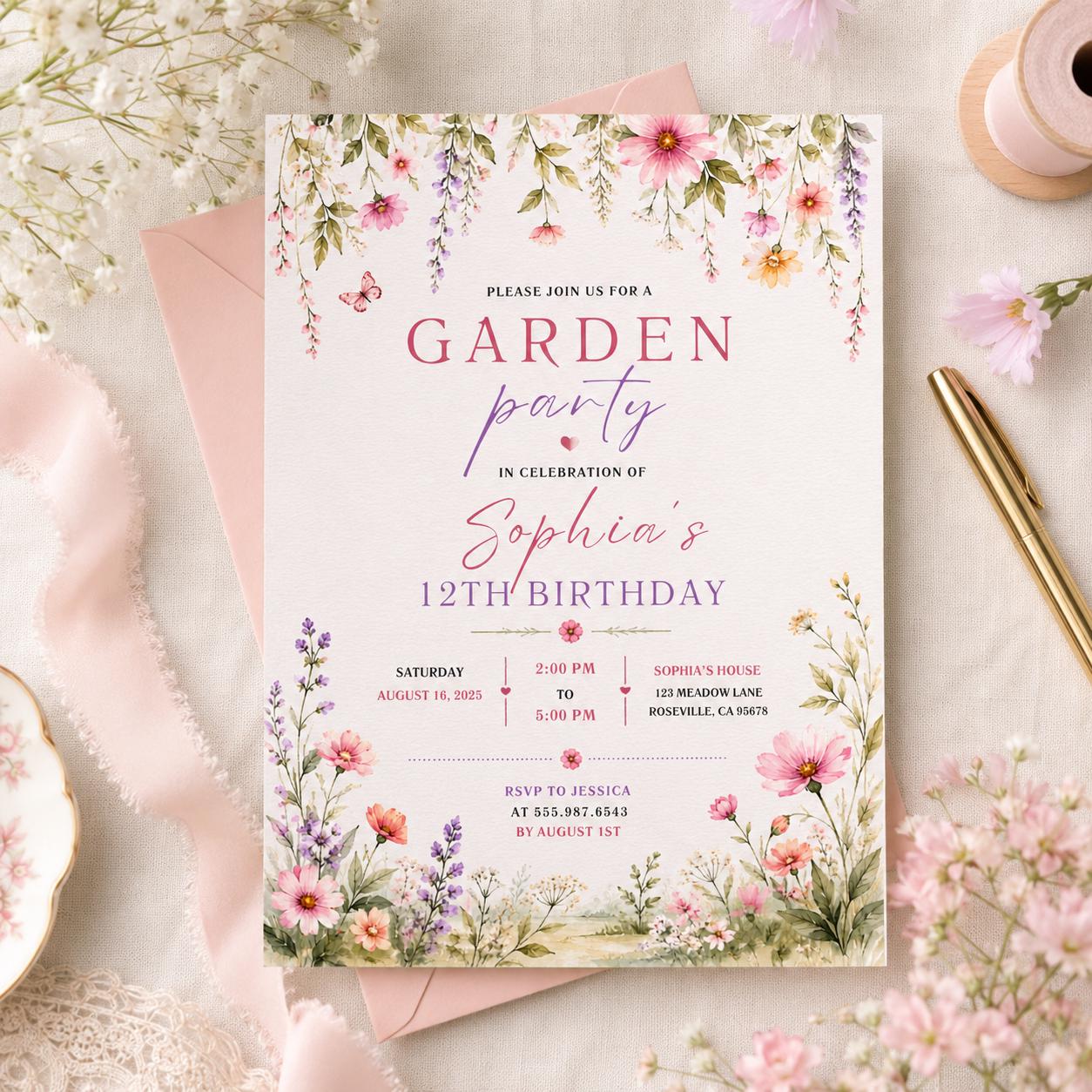 Editable Garden Birthday Invitation Canva Template, Floral Girls Cute Fun DIY Sweet Chic Kids Teen Party Invite, Printable Digital Download.