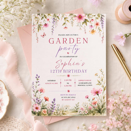 Editable Garden Birthday Invitation Canva Template, Floral Girls Cute Fun DIY Sweet Chic Kids Teen Party Invite, Printable Digital Download.