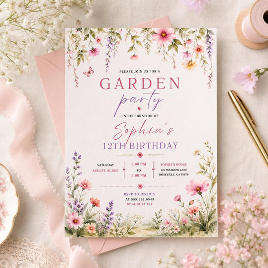 Editable Garden Birthday Invitation Canva Template, Floral Girls Cute Fun DIY Sweet Chic Kids Teen Party Invite, Printable Digital Download.
