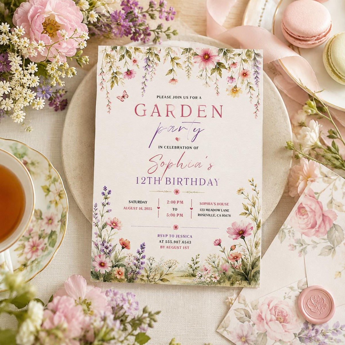 Editable Garden Birthday Invitation Canva Template, Floral Girls Cute Fun DIY Sweet Chic Kids Teen Party Invite, Printable Digital Download.