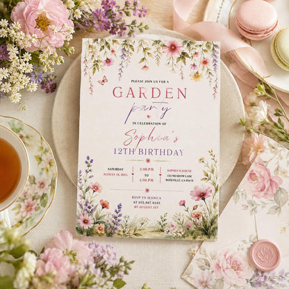 Editable Garden Birthday Invitation Canva Template, Floral Girls Cute Fun DIY Sweet Chic Kids Teen Party Invite, Printable Digital Download.