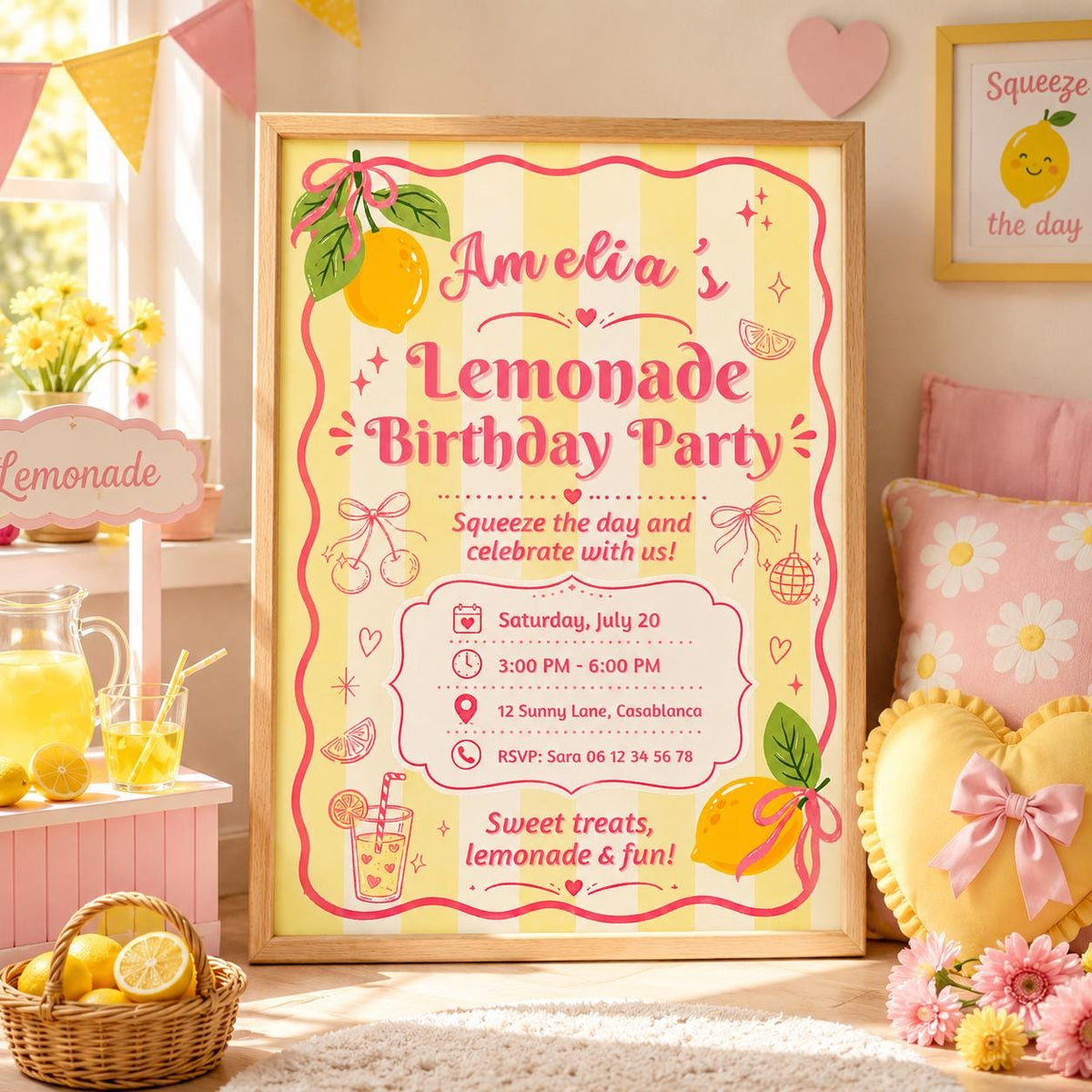 Editable Lemonade Graduation Sign Canva Template, Pink Girls Summer Cute Modern Fun Themed DIY Chic Kids Teen Printable Digital Party Decor.