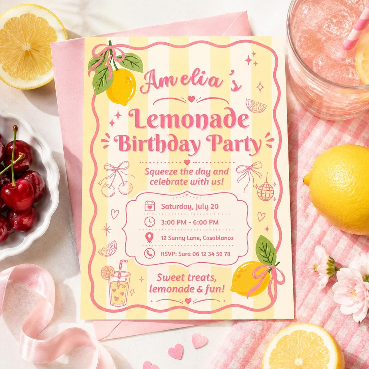 Editable Lemonade Graduation Sign Canva Template, Pink Girls Summer Cute Modern Fun Themed DIY Chic Kids Teen Printable Digital Party Decor.