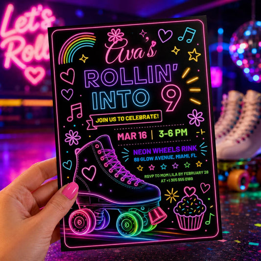 Editable Neon Glow Birthday Invitation Canva Template, Rainbow Girls Neon Cute Modern Fun DIY Chic Party Invite, Printable Digital Download.