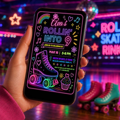 Editable Neon Glow Birthday Invitation Canva Template, Rainbow Girls Neon Cute Modern Fun DIY Chic Party Invite, Printable Digital Download.