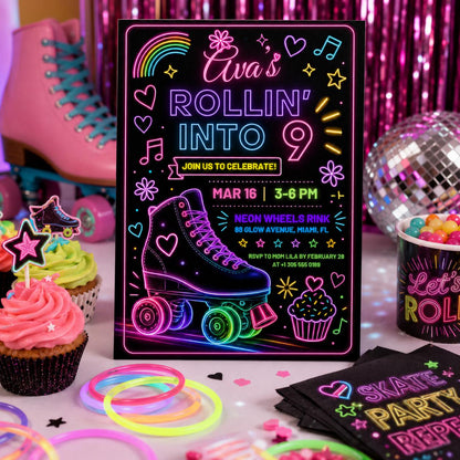 Editable Neon Glow Birthday Invitation Canva Template, Rainbow Girls Neon Cute Modern Fun DIY Chic Party Invite, Printable Digital Download.