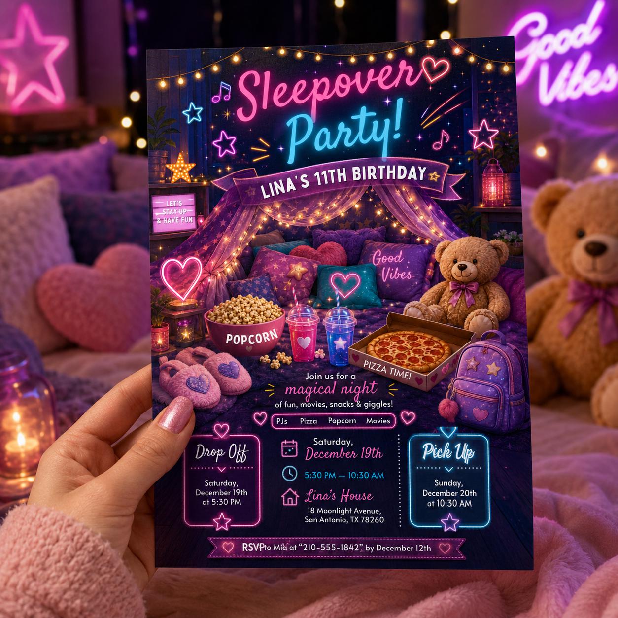 Editable Sleepover Birthday Invitation Canva Template, Girls Kids Teens Cute Modern Fun Themed DIY Party Invite, Printable Digital Download.