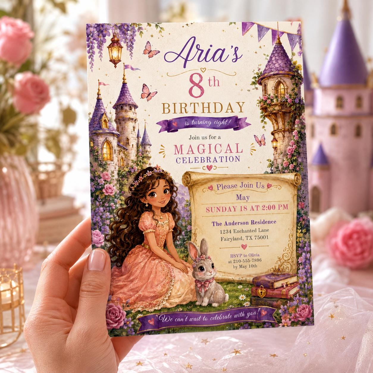 Editable Princess Birthday Invitation Canva Template, Girls Cute Modern Fun Themed Custom DIY Chic Party Invite, Printable Digital Download.