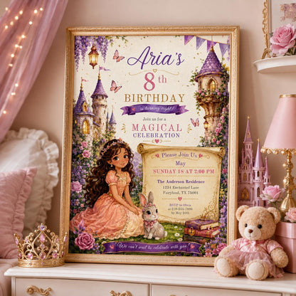 Editable Princess Birthday Invitation Canva Template, Girls Cute Modern Fun Themed Custom DIY Chic Party Invite, Printable Digital Download.