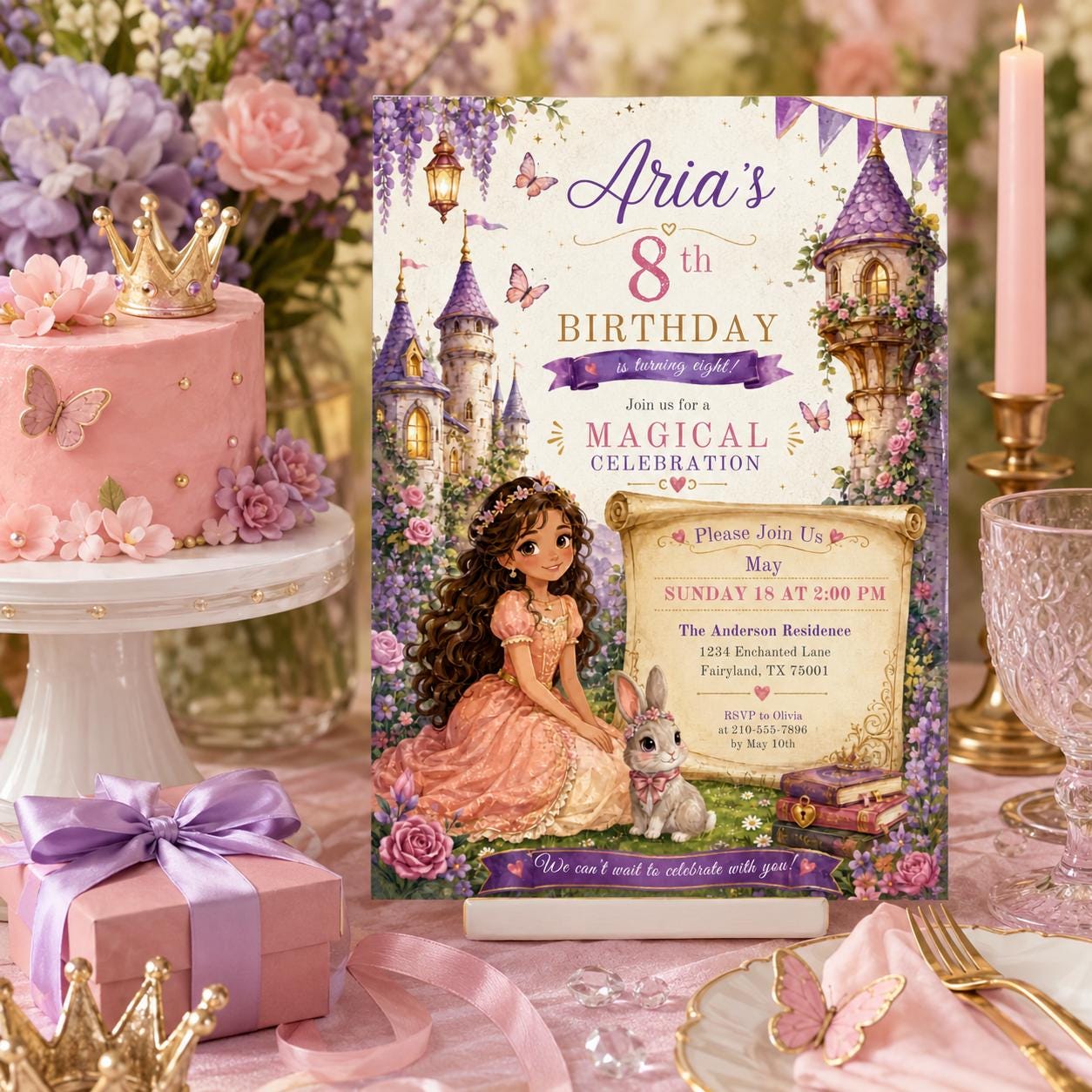 Editable Princess Birthday Invitation Canva Template, Girls Cute Modern Fun Themed Custom DIY Chic Party Invite, Printable Digital Download.