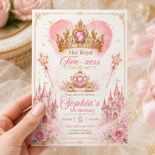 Editable Princess Birthday Invitation Canva Template, Magical Girls Kids Cute Modern Fun DIY Sweet Party Invite, Printable Digital Download.