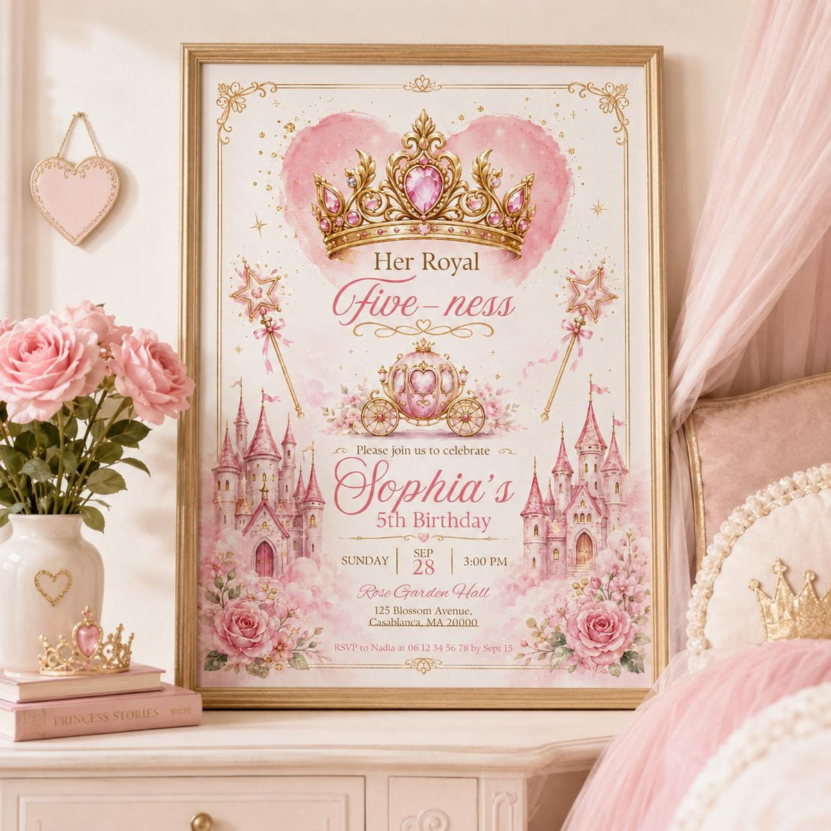 Editable Princess Birthday Invitation Canva Template, Magical Girls Kids Cute Modern Fun DIY Sweet Party Invite, Printable Digital Download.