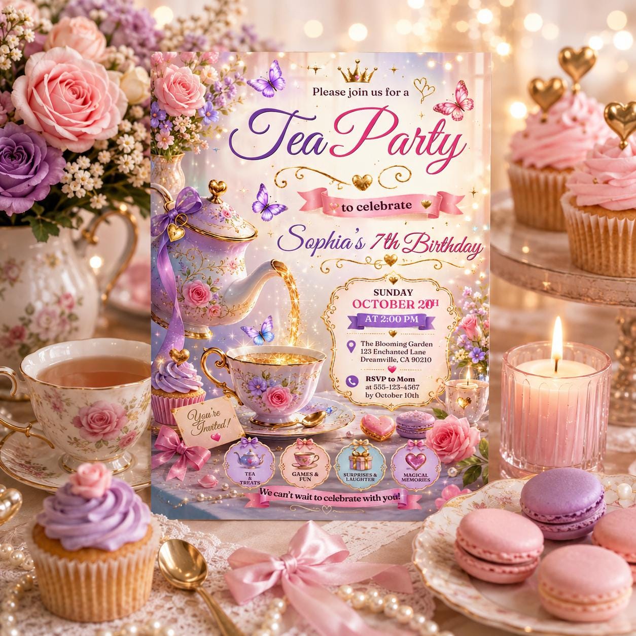 Editable Tea Birthday Invitation Canva Template, Pink Gold Luxury Tea Cute Fun DIY Sweet Chic Kids Party Invite, Printable Digital Download.