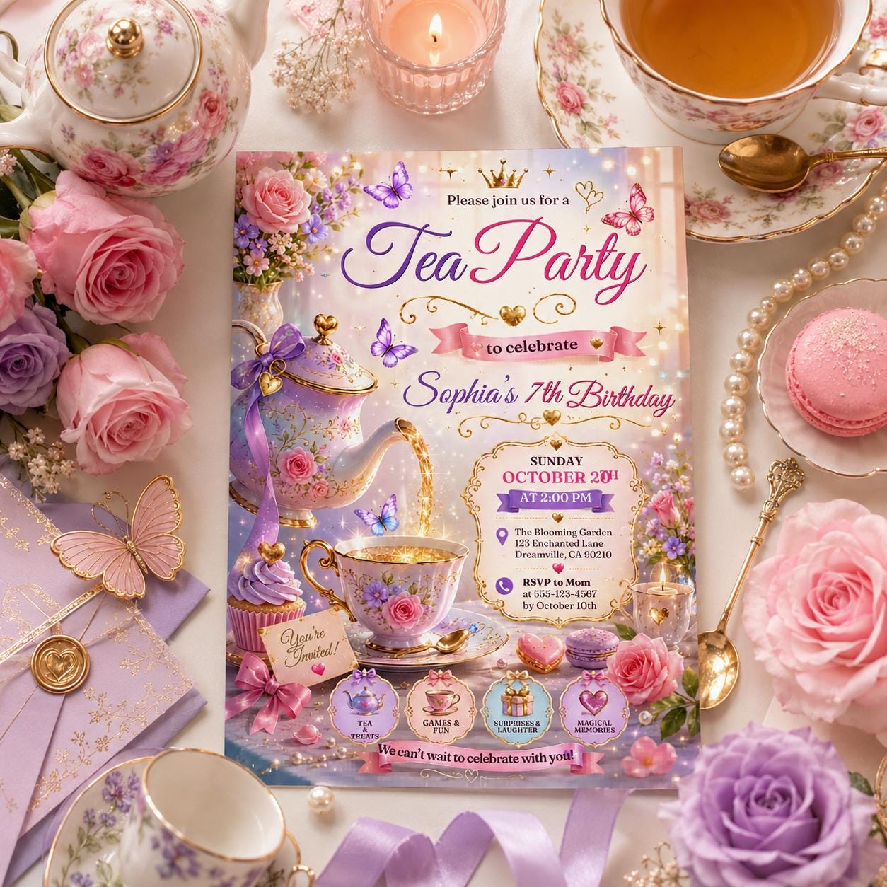 Editable Tea Birthday Invitation Canva Template, Pink Gold Luxury Tea Cute Fun DIY Sweet Chic Kids Party Invite, Printable Digital Download.