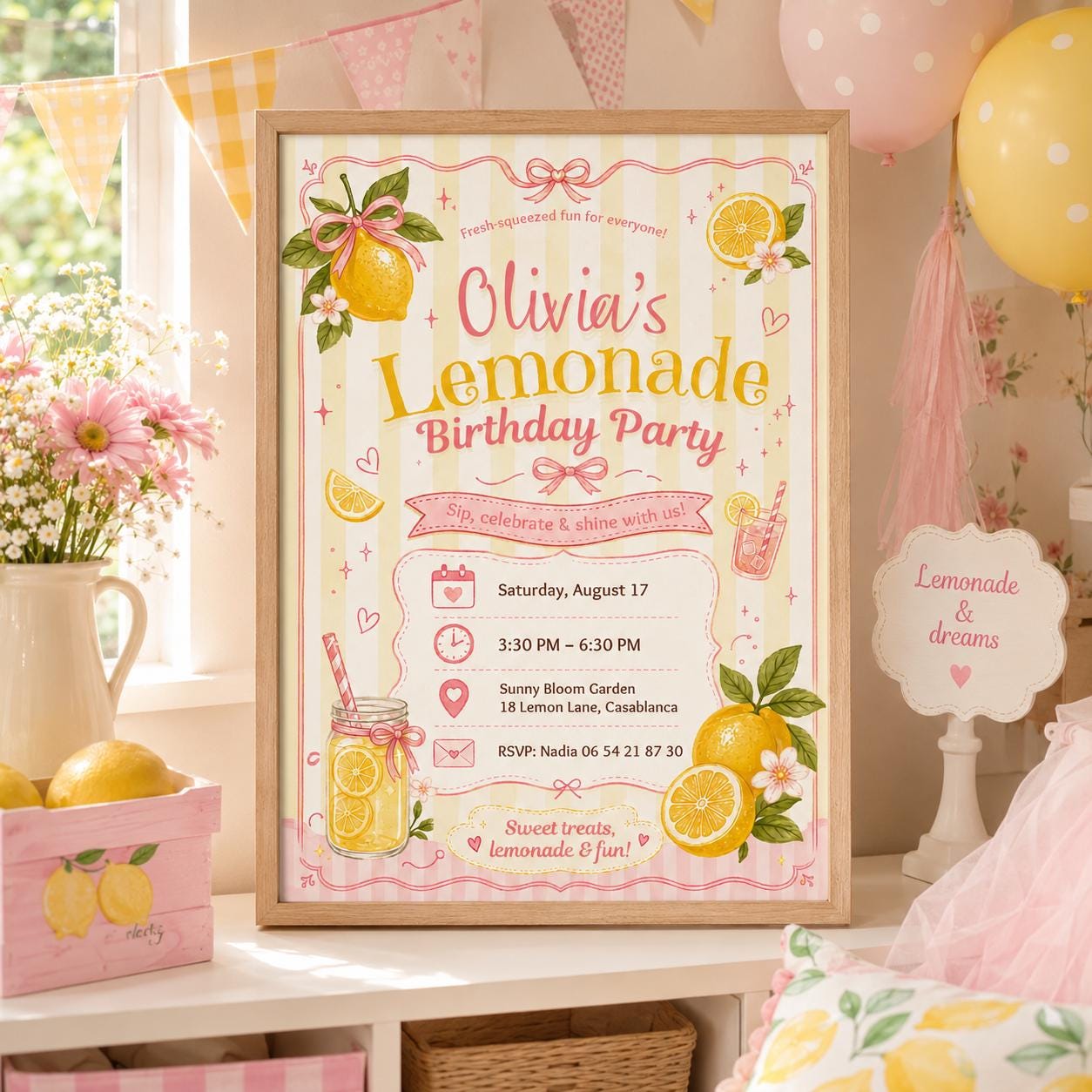 Editable Lemonade Graduation Sign Canva Template, Pink Girls Summer Cute Modern Fun Themed DIY Chic Kids Teen Printable Digital Party Decor.