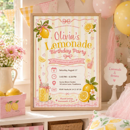 Editable Lemonade Graduation Sign Canva Template, Pink Girls Summer Cute Modern Fun Themed DIY Chic Kids Teen Printable Digital Party Decor.