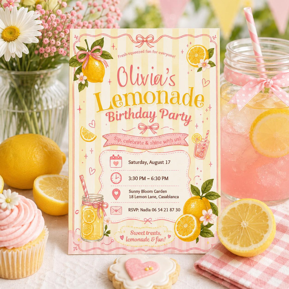 Editable Lemonade Graduation Sign Canva Template, Pink Girls Summer Cute Modern Fun Themed DIY Chic Kids Teen Printable Digital Party Decor.
