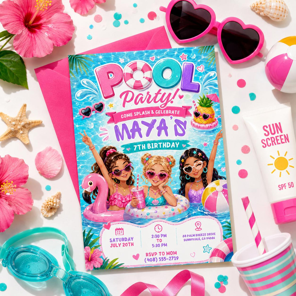 Editable Pool Birthday Invitation Canva Template, Girls Teens Pool Cute Modern Fun Themed DIY Chic Party Invite, Printable Digital Download.