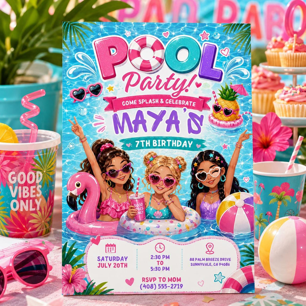 Editable Pool Birthday Invitation Canva Template, Girls Teens Pool Cute Modern Fun Themed DIY Chic Party Invite, Printable Digital Download.