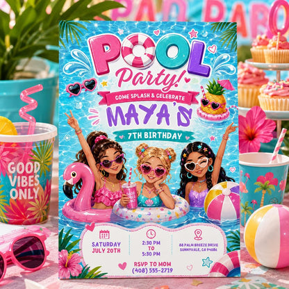 Editable Pool Birthday Invitation Canva Template, Girls Teens Pool Cute Modern Fun Themed DIY Chic Party Invite, Printable Digital Download.