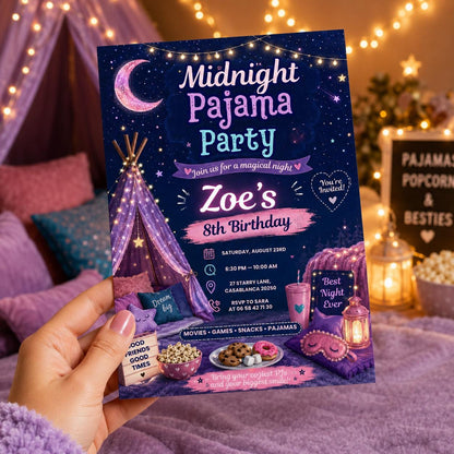 Editable Sleepover Birthday Invitation Canva Template, Neon Girls Cute Modern Fun Themed DIY Sweet Party Invite, Printable Digital Download.