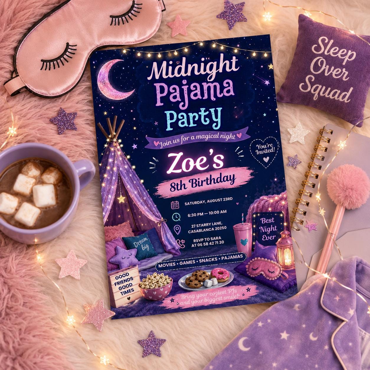 Editable Sleepover Birthday Invitation Canva Template, Neon Girls Cute Modern Fun Themed DIY Sweet Party Invite, Printable Digital Download.