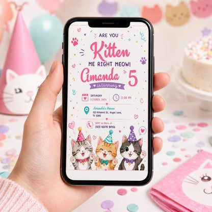 Editable Cute Cat Birthday Invitation Canva Template, Kitty Cute Modern Fun Themed Custom DIY Chic Party Invite, Printable Digital Download.
