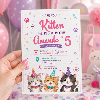 Editable Cute Cat Birthday Invitation Canva Template, Kitty Cute Modern Fun Themed Custom DIY Chic Party Invite, Printable Digital Download.