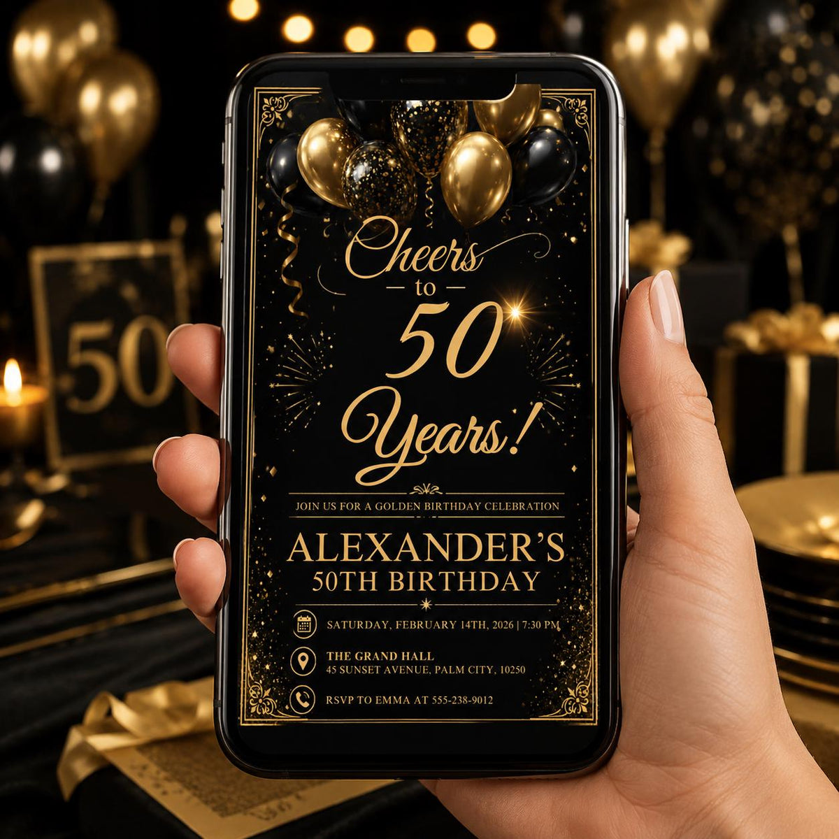 Editable Black Gold 50th Birthday Invitation Canva Template, Elegant Adult Dinner Milestone Party Invite for Men, Printable Digital Download