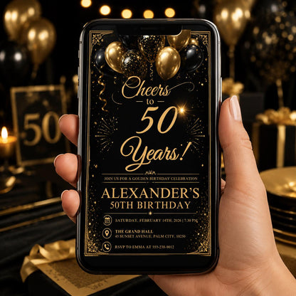 Editable Black Gold 50th Birthday Invitation Canva Template, Elegant Adult Dinner Milestone Party Invite for Men, Printable Digital Download
