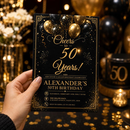 Editable Black Gold 50th Birthday Invitation Canva Template, Elegant Adult Dinner Milestone Party Invite for Men, Printable Digital Download