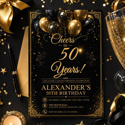Editable Black Gold 50th Birthday Invitation Canva Template, Elegant Adult Dinner Milestone Party Invite for Men, Printable Digital Download