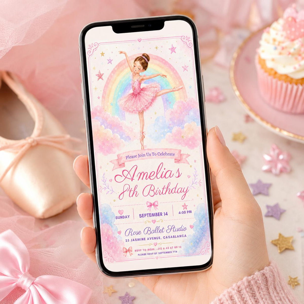 Editable Rainbow Birthday Invitation Canva Template, Pink Girls Kids Cute Modern Fun DIY Chic Teen Party Invite, Printable Digital Download.