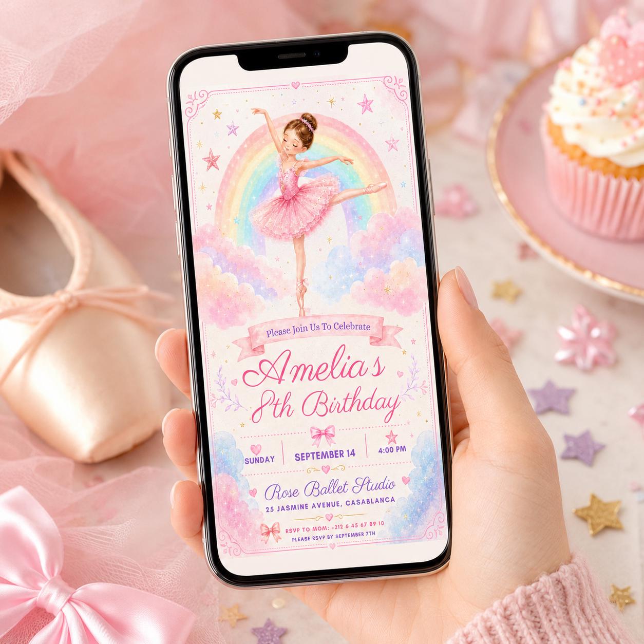 Editable Rainbow Birthday Invitation Canva Template, Pink Girls Kids Cute Modern Fun DIY Chic Teen Party Invite, Printable Digital Download.