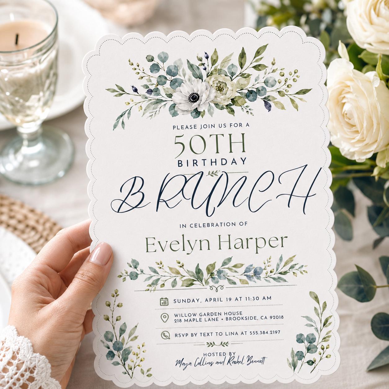 Editable Brunch Birthday Invitation Canva Template, Green Modern Chic Adult Cute Fun DIY Kids Teen Party Invite, Printable Digital Download.