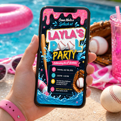 Editable Baseball Pool Birthday Invitation Canva Template, Cream Teens Pool Cute Fun DIY Chic Kids Party Invite, Printable Digital Download.