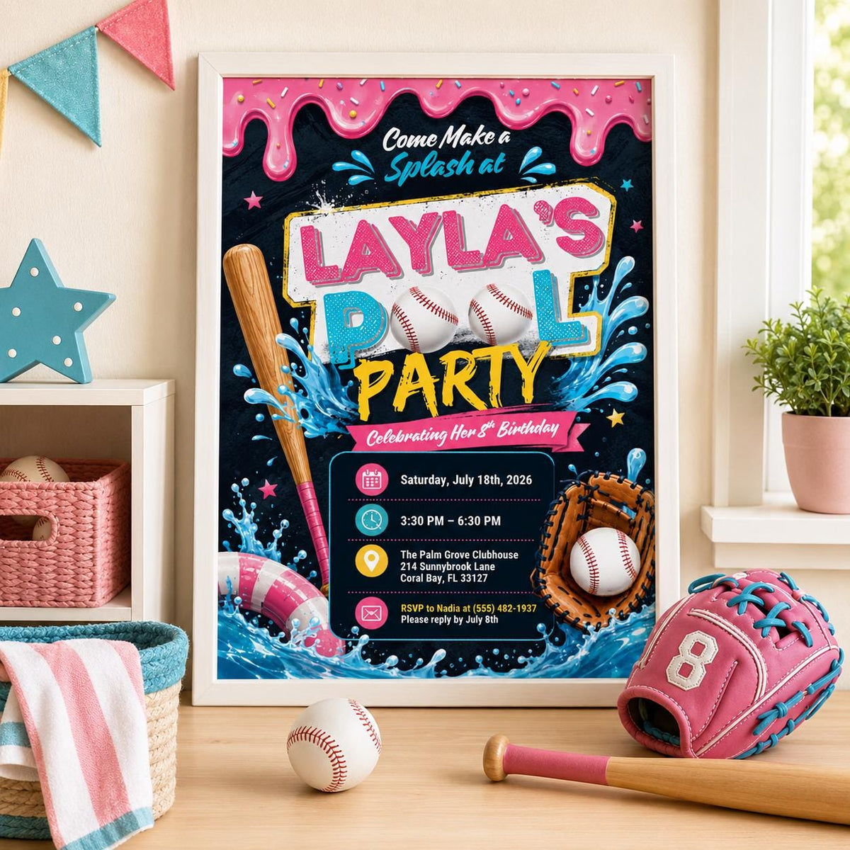Editable Baseball Pool Birthday Invitation Canva Template, Cream Teens Pool Cute Fun DIY Chic Kids Party Invite, Printable Digital Download.