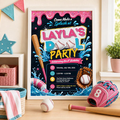 Editable Baseball Pool Birthday Invitation Canva Template, Cream Teens Pool Cute Fun DIY Chic Kids Party Invite, Printable Digital Download.