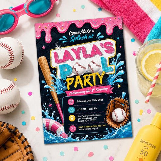Editable Baseball Pool Birthday Invitation Canva Template, Cream Teens Pool Cute Fun DIY Chic Kids Party Invite, Printable Digital Download.