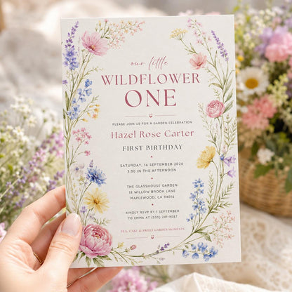 Editable Wildflower Birthday Invitation Canva Template, Boho Floral Girls Kids Cute Modern Fun DIY Party Invite, Printable Digital Download.