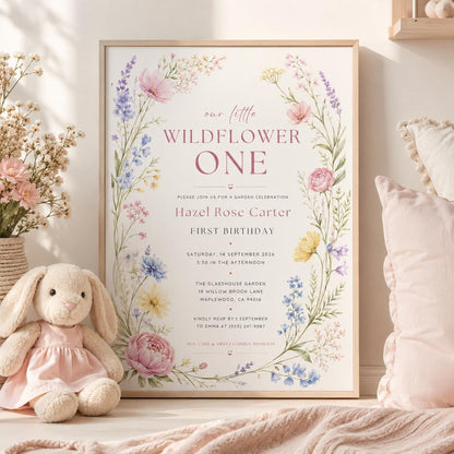 Editable Wildflower Birthday Invitation Canva Template, Boho Floral Girls Kids Cute Modern Fun DIY Party Invite, Printable Digital Download.