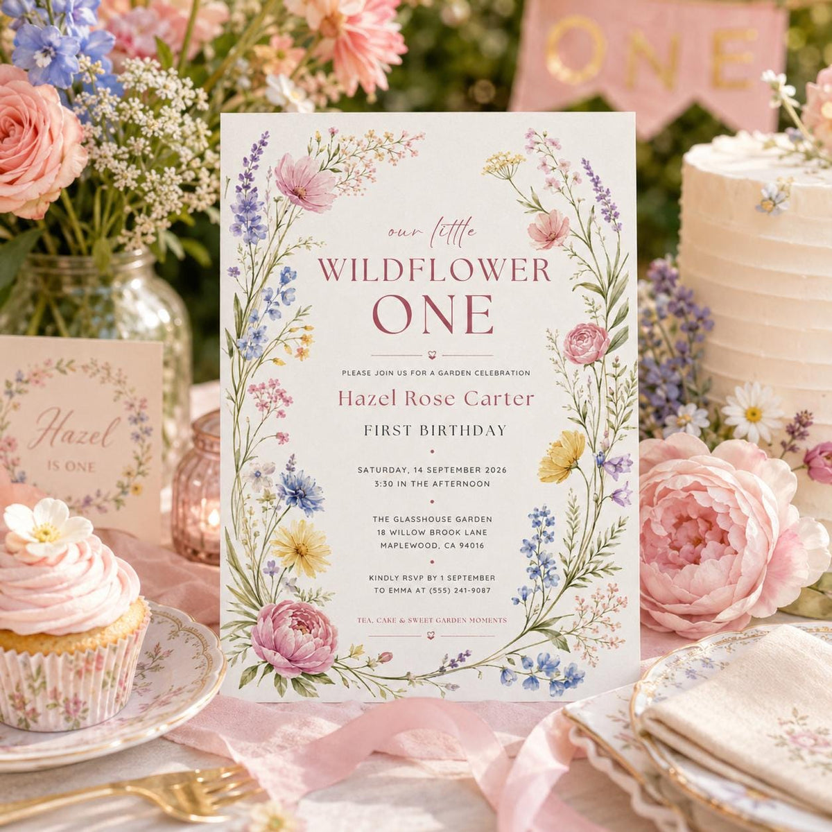 Editable Wildflower Birthday Invitation Canva Template, Boho Floral Girls Kids Cute Modern Fun DIY Party Invite, Printable Digital Download.