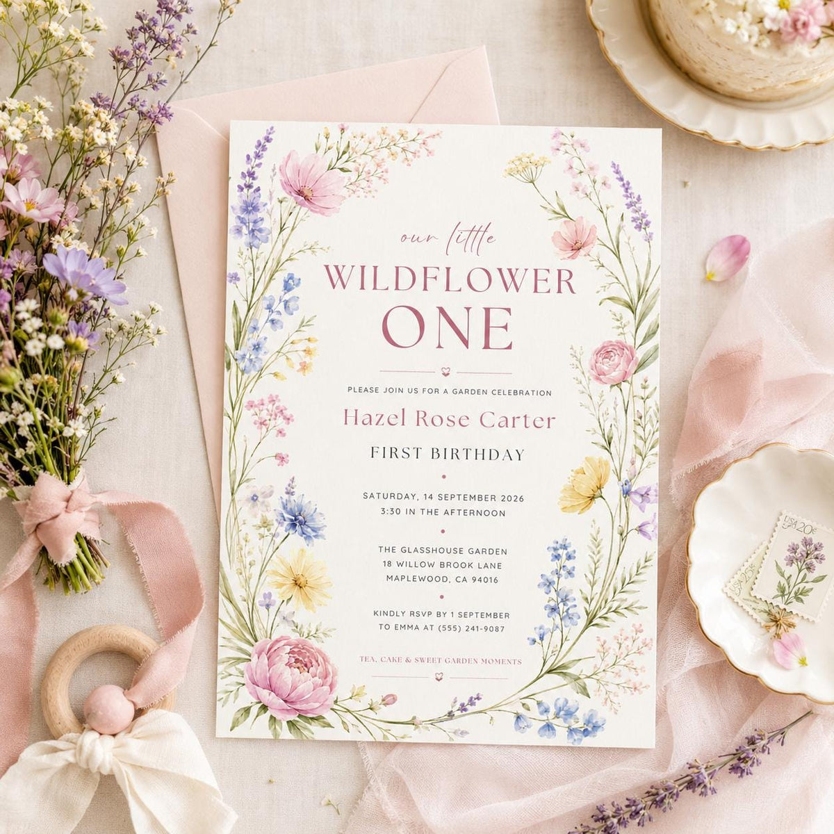 Editable Wildflower Birthday Invitation Canva Template, Boho Floral Girls Kids Cute Modern Fun DIY Party Invite, Printable Digital Download.
