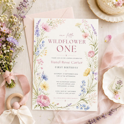 Editable Wildflower Birthday Invitation Canva Template, Boho Floral Girls Kids Cute Modern Fun DIY Party Invite, Printable Digital Download.