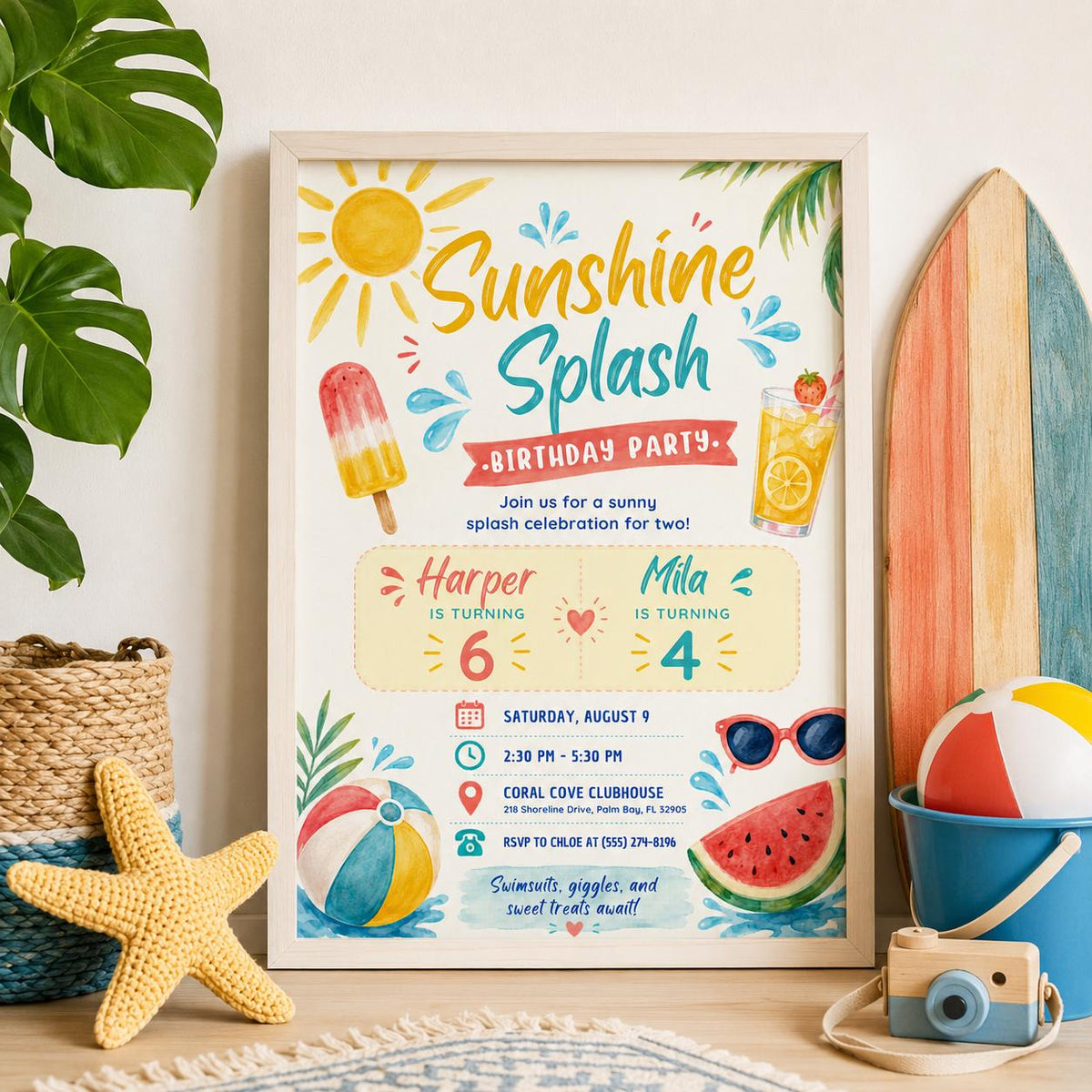 Editable Pool Birthday Invitation Canva Template, Kids Summer Cute Modern Fun Themed DIY Chic Teen Party Invite, Printable Digital Download.