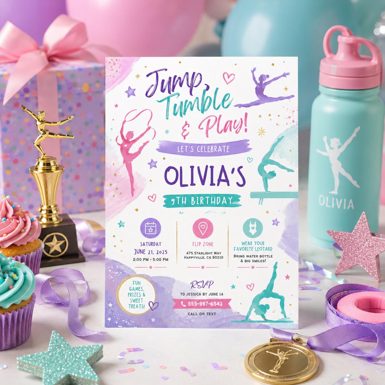 Editable Gymnastics Birthday Invitation Canva Template, Pink Purple Girls Kids Cute Modern Fun DIY Party Invite, Printable Digital Download.