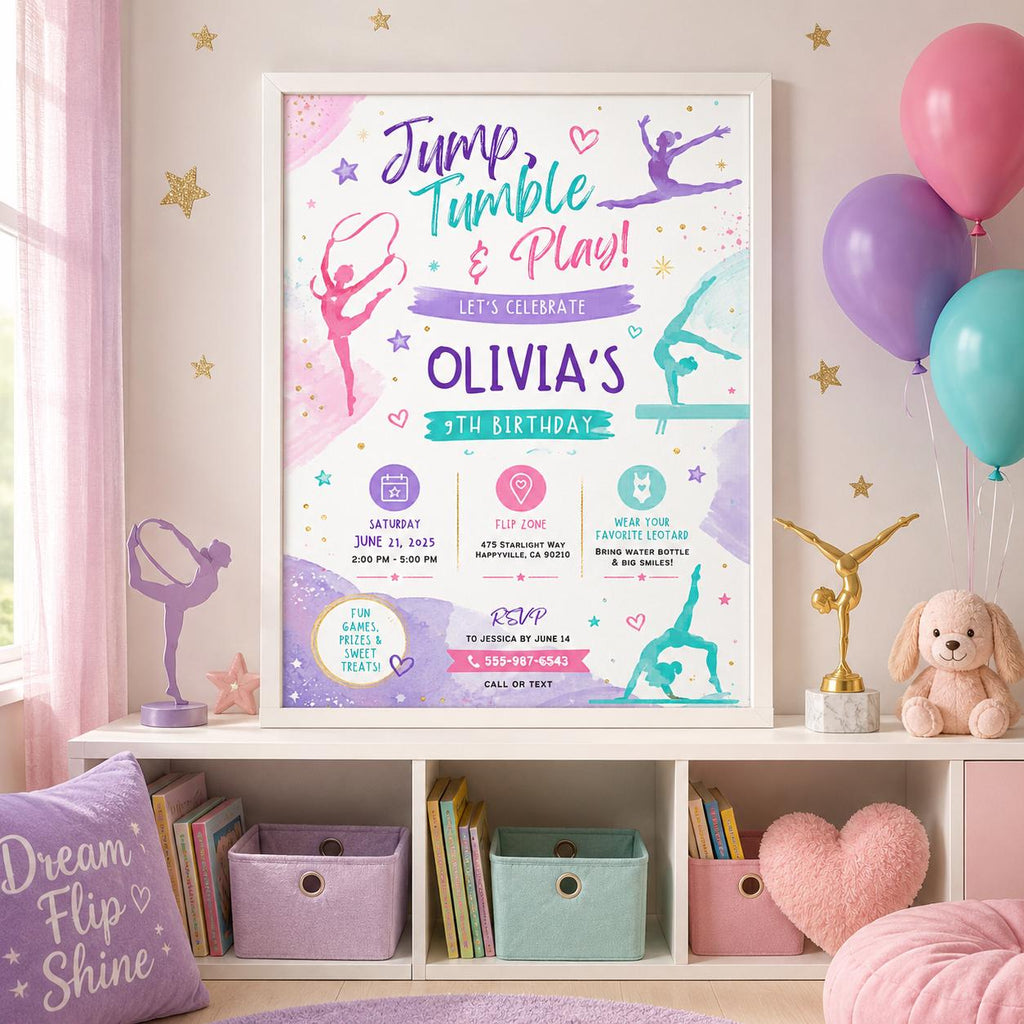 Editable Gymnastics Birthday Invitation Canva Template, Pink Purple Girls Kids Cute Modern Fun DIY Party Invite, Printable Digital Download.