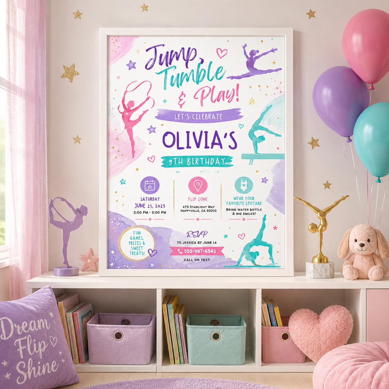Editable Gymnastics Birthday Invitation Canva Template, Pink Purple Girls Kids Cute Modern Fun DIY Party Invite, Printable Digital Download.
