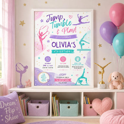 Editable Gymnastics Birthday Invitation Canva Template, Pink Purple Girls Kids Cute Modern Fun DIY Party Invite, Printable Digital Download.